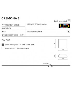 Lampa kinkiet CREMONA S MAX-1015S-DGR ciemny szary AZZARDO
