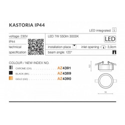 Oprawa wpuszczana Kastoria IP44 do łazienki złoty LED 7W 550lm 3000K AZ4390 AZZARDO